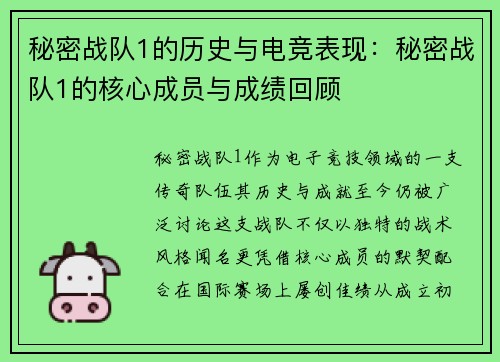 秘密战队1的历史与电竞表现：秘密战队1的核心成员与成绩回顾
