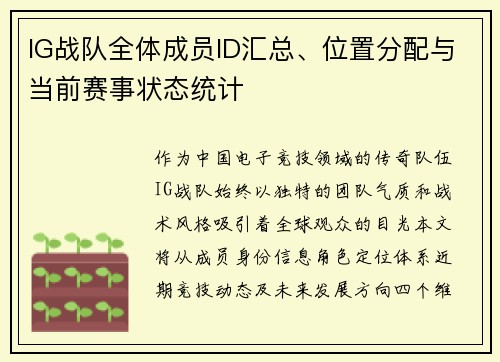 IG战队全体成员ID汇总、位置分配与当前赛事状态统计